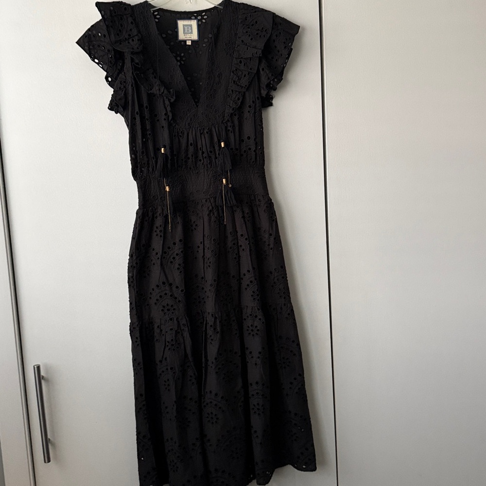 Bell Eyelet Midi Dress Womens XS Black V-Neck Sleeveless Belt Cotton‎ D01
